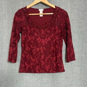Vintage Arianne Top Women Medium Red Burgundy Lace Embossed Floral Y2K